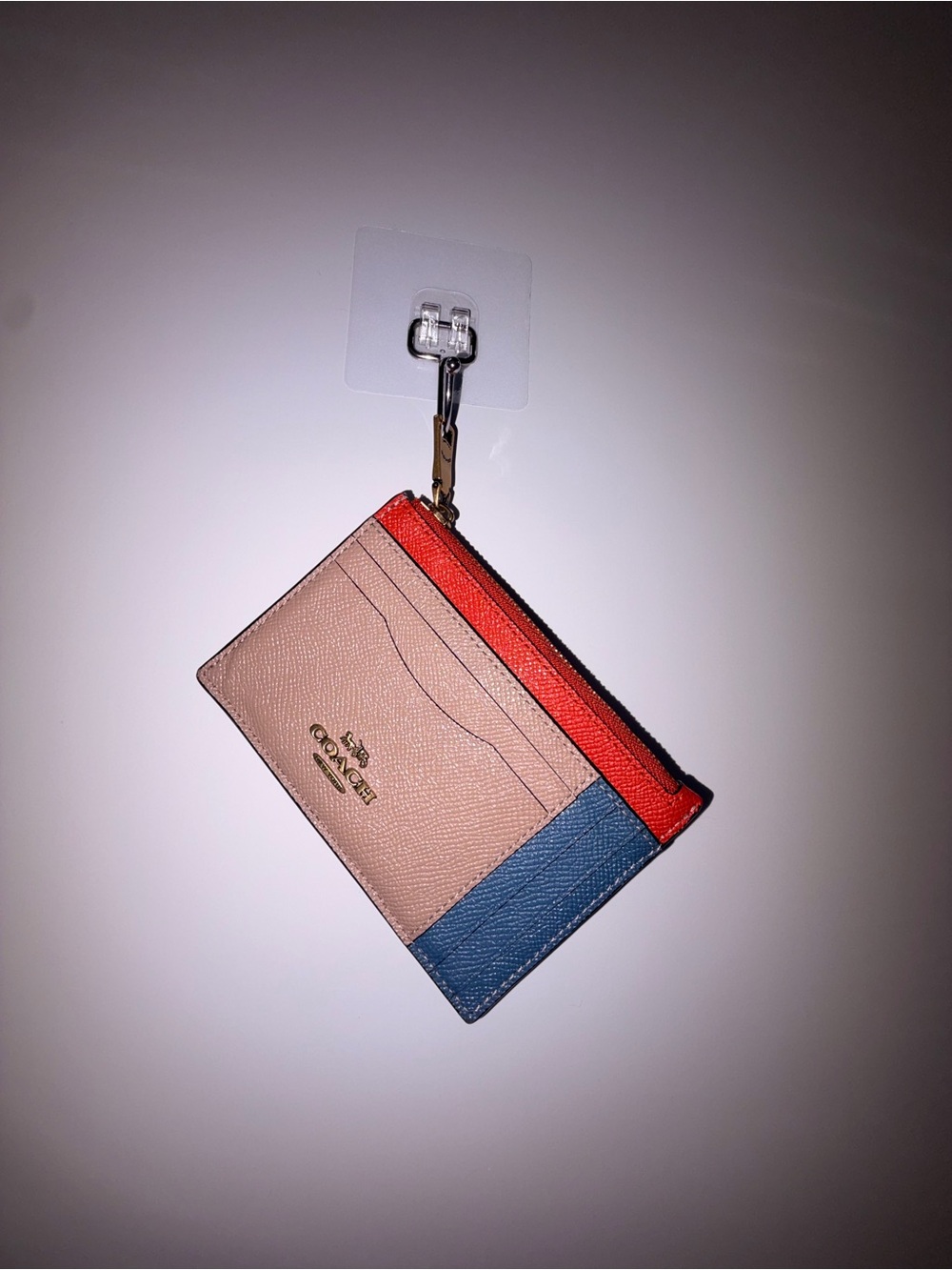 Coach Colorblock Leather Card Holder in Khaki, Orange and Blue